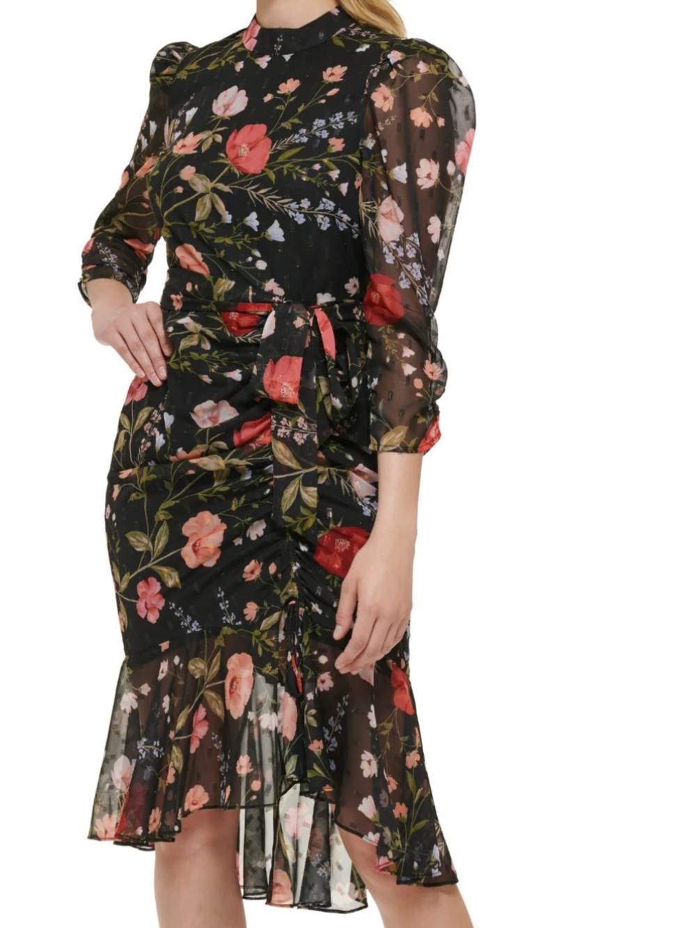 Eliza J Floral Ruched Sleeve Dress Sheer Black Flowers Wrap Like glam chic - Picture 1 of 5